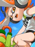  1girl absurdres bangs bike_shorts black_shorts blue_sky fangs floating_hair gun headphones highres holding holding_gun holding_water_gun holding_weapon ink_tank_(splatoon) inkling long_hair looking_at_viewer looking_down open_mouth orange_hair otoboke-san shirt short_shorts short_sleeves shorts sky splatoon_(series) water_gun weapon white_shirt 