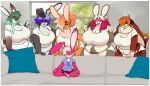 alternate_species anthro big_breasts bottomwear bracelet breasts bulge clothed clothing curvy_figure dulce_(mr.pink) female fur furniture green_hair grey_body grey_fur group hair hi_res huge_breasts inside jewelry lagomorph leaning leaning_forward leporid long_ears long_hair male male/female mammal meme mr.pink multicolored_body multicolored_fur multicolored_hair orange_body orange_fur orange_hair overweight overweight_anthro overweight_female pillow pink_body pink_fur pink_hair piper_perri_surrounded purple_hair pwink rabbit red_body red_fur sitting sofa standing thick_thighs topwear two_tone_body two_tone_fur two_tone_hair voluptuous white_body white_fur white_hair wide_hips