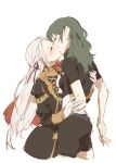  2girls blush byleth_(fire_emblem) byleth_(fire_emblem)_(female) closed_eyes commentary_request edelgard_von_hresvelg fire_emblem fire_emblem:_three_houses green_hair hair_ribbon hand_on_another&#039;s_arm hand_on_another&#039;s_back highres kiss light_blush long_hair mo_(ine_mao) multiple_girls ribbon simple_background white_background white_hair yuri 