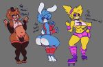 anthro avian beakless bear big_breasts bird blue_hair bow_tie breasts brown_hair chicken clothing cryptiacurves eyeshadow five_nights_at_freddy&#039;s five_nights_at_freddy&#039;s_2 galliform gallus_(genus) girly group gynomorph hair hat headgear headwear hi_res intersex lagomorph legwear leporid makeup male mammal phasianid rabbit roller_skates scottgames thigh_highs toy_bonnie_(fnaf) toy_chica_(fnaf) toy_freddy_(fnaf) trio