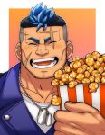  1boy :d bad_id bad_twitter_id bara blush cheekbones chiseled_face cross_scar dog_tags facing_viewer fang food happy highres large_hands live_a_hero male_focus mature_male multicolored_hair muscular muscular_male oskn_tengoku popcorn scar scar_on_cheek scar_on_face scar_on_forehead short_hair smile solo straight-on thick_eyebrows tusks two-tone_hair undercut yoshiori_(live_a_hero) 