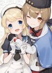  2girls anchor_necklace black_bow black_gloves black_headwear black_neckerchief black_skirt blonde_hair blue_eyes blue_sailor_collar blush bow brown_eyes brown_hair closed_mouth commission dress eyebrows_visible_through_hair fingerless_gloves gloves hair_bow hat jacket jervis_(kancolle) kantai_collection long_hair low_twintails multiple_girls neckerchief one_eye_closed open_mouth papakha puffy_sleeves red_shirt sailor_collar sailor_dress sailor_hat scarf shawl shirt skeb_commission skirt smile star_(symbol) tashkent_(kancolle) twintails untucked_shirt upper_body v white_background white_dress white_gloves white_headwear white_jacket white_scarf yamashichi_(mtseven) 