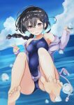  1girl barefoot black_hair blue_sky blue_swimsuit cloud commentary_request competition_school_swimsuit day gloves highres horizon jacket long_hair miyuki_(yxbt7) ocean original outdoors purple_eyes purple_jacket school_swimsuit single_glove sky sleeves_past_wrists solo swimsuit v 