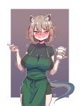  1girl 2021 absurdres animal_ear_fluff animal_ears apron arknights artist_name barista blush border breasts cleavage collarbone commentary cowboy_shot cup gradient gradient_background green_apron green_shirt hair_ornament hairclip hands_up heart heart-shaped_pupils highres holding holding_cup holding_marker iced_latte_with_breast_milk_(meme) large_breasts looking_at_viewer lyneriee marker meme outside_border purple_eyes shirt short_sleeves simple_background solo starbucks straight-on symbol-shaped_pupils tail utage_(arknights) wavy_mouth white_border x_hair_ornament 