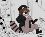 2023 anthro beanie bed blush bodily_fluids bottomless bottomless_female claws clothed clothing female furniture genital_fluids genitals hat headgear headwear hi_res hoodie looking_at_viewer mammal masturbation no_shoes one_leg_up panties procyonid pussy raccoon raised_leg riderrr riley_(riderrr) rubbing_pussy sex_toy sharp_claws sharp_teeth signature sitting solo tail teeth topwear underwear vaginal_fluids vibrator