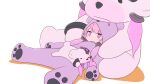  1girl alternate_costume animal_costume bear_costume blush colored_shadow commentary_request full_body jitome large_teddy_bear lying on_back open_mouth pink_hair purple_eyes shadow simple_background solo stuffed_animal stuffed_toy teddy_bear vocaloid voiceroid white_background yamadori_seika yuzuki_yukari 