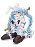  1girl @_@ animal_ear_fluff animal_ears arm_garter bangs black_gloves black_legwear black_leotard blue_hair bow braid breasts carrot_hair_ornament commentary_request don-chan_(usada_pekora) dress ears_down eyebrows_visible_through_hair food-themed_hair_ornament full_body fur-trimmed_dress fur-trimmed_gloves fur_scarf fur_trim furrowed_brow gloves gotou_(nekocat) hair_ornament hair_ribbon hololive leotard long_hair looking_at_viewer multicolored_hair open_mouth pantyhose pom_pom_(clothes) rabbit_ears rabbit_tail red_eyes ribbon shaded_face shoes signature simple_background sitting small_breasts solo strapless strapless_dress streaked_hair sweatdrop tail thick_eyebrows thigh_strap tress_ribbon twin_braids twintails two-tone_hair usada_pekora virtual_youtuber wariza wavy_mouth white_background white_bow white_dress white_footwear white_hair 