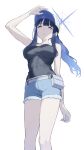  1girl alternate_costume alternate_hairstyle arm_up black_camisole blue_archive blue_eyes blue_hair blue_halo blue_shorts breasts camisole colored_inner_hair covered_navel denim denim_shorts feet_out_of_frame from_below halo highres large_breasts long_hair looking_ahead mameojitan multicolored_hair saori_(blue_archive) shorts simple_background solo thighs two-tone_hair white_background 