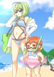  2girls :&lt; :3 adjusting_eyewear antenna_hair bag beach bikini blue_bikini breasts closed_mouth cloud commentary_request day diving_mask goggles green_hair hair_ribbon hand_on_hip highres innertube jacket kaiboukan_no._4_(kancolle) kantai_collection long_sleeves mocchi_(mocchichani) multicolored_hair multiple_girls one-piece_swimsuit orange_eyes orange_hair outdoors purple_hair ribbon short_hair sky small_breasts snorkel streaked_hair sunglasses swimsuit take_(kancolle) water white_jacket 