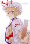  1girl absurdres blonde_hair bow dress folded_fan folding_fan frills hand_fan hat hat_ribbon highres holding holding_fan long_sleeves purple_eyes purple_tabard ribbon roman_komarov solo tabard touhou white_headwear yakumo_yukari 