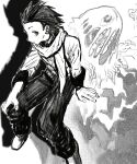  1boy closed_mouth greyscale hand_on_own_knee highres kyooooi1 looking_at_viewer male_focus mochizuki_ryouji mole mole_under_eye monochrome pants persona persona_3 scarf shadow shirt simple_background solo spiked_hair 
