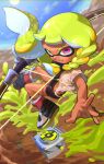  1girl absurdres agent_3_(splatoon_3) bangs black_footwear black_shorts blonde_hair blue_sky bow_(weapon) braid full_body highres holding holding_bow_(weapon) holding_weapon inkling jumping long_hair looking_at_viewer looking_up otoboke-san pink_eyes reaching_out red_footwear shirt shoes short_sleeves shorts sky smile splatoon_(series) splatoon_3 sun weapon white_footwear white_shirt 