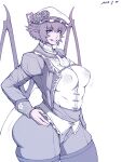big_breasts big_butt bottomwear breasts butt clothed clothing eyelashes female flower flower_on_hat grey_bottomwear grey_clothing grey_pants grey_topwear hair hand_on_hip hat headgear headwear hi_res humanoid humanoid_pointy_ears looking_at_viewer meidoelun membrane_(anatomy) membranous_wings nipple_outline pants plant pupils remilia_scarlet short_hair simple_background slit_pupils smile solo tan_body tan_skin thick_thighs topwear touhou vampire white_background white_clothing white_hat white_headwear white_topwear wide_hips winged_humanoid wings