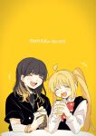  2girls ahoge black_hair blonde_hair bocchi_the_rock! closed_eyes cup detached_ahoge drink fuji_1221 highres holding holding_cup long_hair multicolored_hair multiple_girls real_life side_ponytail streaked_hair tears yellow_nails 