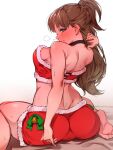  1girl ass back barefoot bell black_choker blush bow breasts brown_hair choker closed_mouth embarrassed from_behind fur-trimmed_shorts fur-trimmed_tube_top fur_trim green_bow green_eyes hand_up heavy_breathing highres idolmaster idolmaster_cinderella_girls idolmaster_cinderella_girls_starlight_stage jingle_bell karan large_breasts long_hair looking_at_viewer looking_back makihara_shiho ponytail red_shorts red_tube_top shorts simple_background sitting smile soles solo strapless sweat tube_top wariza white_background 