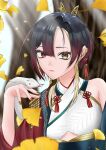  1girl absurdres black_hair blonde_hair blurry blurry_background brown_hair closed_mouth earrings falling_leaves flower_knot gradient_hair heterochromia highres japanese_clothes jewelry kannagi_loki kimono leaf multicolored_hair mutchan_0701 phase_connect red_eyes red_nails red_tassel short_hair_with_long_locks snake tree upper_body white_kimono yellow_eyes 