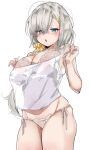  1girl alternate_hair_length alternate_hairstyle blue_eyes blush bra breasts chigasaki_yukari grey_bra grey_panties hair_between_eyes hair_ornament hair_scrunchie hairclip hamakaze_(kancolle) highres kantai_collection large_breasts long_hair panties parted_lips scrunchie shirt side-tie_panties simple_background skindentation solo sweat underwear white_background white_shirt 