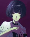  1girl absurdres black_dress black_hair choker collar collarbone doctor dress highres lab_coat multicolored_eyes persona persona_5 purple_background red_nails short_hair simple_background spiked_choker spikes star_(sky) studded_choker studded_collar takemi_tae upper_body 