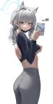  1girl alternate_costume animal_ears aqua_eyes ass back_cutout black_mask black_shirt blue_archive blush breasts clothes_lift clothing_cutout extra_ears grey_hair grey_leggings halo highres holding holding_phone leggings leviathan_(hikinito0902) lifted_by_self looking_at_viewer looking_to_the_side mask mask_pull median_furrow medium_breasts mismatched_pupils mouth_mask phone ponytail selfie shiroko_(blue_archive) shirt shirt_lift simple_background solo underboob white_background wolf_ears 