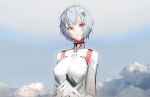  1girl ayanami_rei bangs blue_hair bodysuit breasts cassette_player cloud commentary evangelion:_3.0+1.0_thrice_upon_a_time highres holding interface_headset looking_at_viewer looking_to_the_side neon_genesis_evangelion own_hands_together plugsuit rebuild_of_evangelion red_eyes short_hair sin9 sky solo symbol-only_commentary turtleneck upper_body white_bodysuit 
