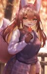  1girl :3 absurdres animal_ears animal_nose autumn autumn_leaves blonde_hair blush brown_eyes brown_hair colored_inner_hair crossed_bangs fox_ears fox_girl fox_tail furry furry_female highres holding holding_leaf leaf long_hair long_sleeves maple_leaf multicolored_hair open_mouth original outdoors sasayuki_(kemonoyou) skirt solo tail tree 