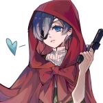  1boy bishounen blue_eyes blue_hair bow capelet ciel_phantomhive dark_blue_hair dlynn1105 earrings eyepatch gun hair_over_one_eye handgun heart holding holding_weapon hood hooded_capelet jewelry kuroshitsuji little_red_riding_hood open_mouth red_bow red_capelet shirt short_hair simple_background solo triangle_mouth weapon white_background white_shirt 