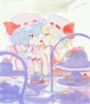  2girls archived_source backlighting bangs blonde_hair blue_hair cake cherry closed_mouth cream cream_on_face dessert drawr eating elbow_rest elbows_on_table expressionless eye_contact face-to-face flandre_scarlet food food_in_mouth food_on_face frilled_cuffs frilled_hat frilled_shirt_collar frilled_sleeves frills from_side fruit hand_up hands_up hat holding holding_cake holding_food interlocked_fingers light_blue_hair looking_at_another mob_cap multiple_girls oekaki outdoors own_hands_clasped own_hands_together pink_headwear profile puffy_short_sleeves puffy_sleeves red_eyes red_ribbon remilia_scarlet ribbon ribbon-trimmed_headwear ribbon_trim short_hair short_sleeves shortcake siblings sisters sweets table tiered_tray touhou upper_body wavy_hair whipped_cream white_headwear wrist_cuffs yellow_neckwear yu_(yukiri) 