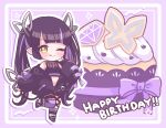  1girl ;q black_hair black_jacket black_ribbon black_shirt blunt_bangs blush boots cake chibi closed_mouth commentary_request crop_top demon_girl demon_horns demon_tail food full_body grey_footwear happy_birthday heart heart_print highres horns jacket kino_haruc kojo_anna kojo_anna_(1st_costume) leg_ribbon long_hair long_sleeves looking_at_viewer medium_bangs midriff multicolored_hair nanashi_inc. navel off_shoulder one_eye_closed open_clothes open_jacket outline pointy_ears print_shirt purple_background purple_hair ribbon see-through see-through_shirt shirt single_thighhigh sleeveless sleeveless_shirt smile solo standing standing_on_one_leg tail thigh_strap thighhighs tongue tongue_out twintails two-tone_hair virtual_youtuber white_outline yellow_eyes zipper 