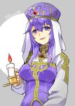  1girl bangs candle dress eremiya eyebrows_visible_through_hair fire_emblem fire_emblem:_new_mystery_of_the_emblem grey_background hair_between_eyes hat lips long_hair long_sleeves looking_at_viewer open_mouth purple_eyes purple_hair smile solo twitter_username upper_body veil yukia_(firstaid0) 