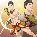  1boy abs armor bara black_gloves black_hair brown_eyes clenched_hands closed_mouth covering_crotch covering_privates crossed_arms fingerless_gloves gloves japanese_armor jigoku_meguri kusazuri large_pectorals looking_at_viewer male_focus muscular muscular_male navel pectorals sengoku_basara short_hair smile thighs tokugawa_ieyasu_(sengoku_basara) 