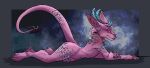 anthro blue_claws canid canid_demon cinnabaron claws demon fur hellhound hi_res horn lounging male mammal multi_eye multi_horn nude pink_body pink_fur rihkter simple_background solo