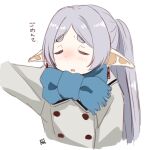  1girl arm_at_side blue_scarf blush buttons coat double-breasted earrings ears_down elf frieren grey_coat grey_hair jewelry long_hair long_sleeves outstretched_arm parted_bangs pointy_ears retsumaru scarf side_ponytail simple_background sleepy solo sousou_no_frieren upper_body white_background winter_clothes 