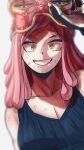  1girl absurdres boku_no_hero_academia breasts cleavage commentary_request crosshair_pupils gloves goggles goggles_on_head hand_up hatsume_mei highres looking_at_viewer pink_hair simple_background sleeveless smile solo sumutemu symbol-shaped_pupils upper_body white_background yellow_eyes 