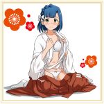  1girl blue_hair blush bob_cut border bow bow_panties bra braid breasts closed_mouth frown hair_bow hakama hakama_pull idolmaster idolmaster_million_live! japanese_clothes lace-trimmed_bra lace-trimmed_panties lace_trim lielos long_sleeves looking_at_viewer medium_breasts nanao_yuriko open_clothes open_shirt opened_by_self panties red_hakama sakuramon shirt short_hair sitting socks solo sweatdrop tabi underwear white_background white_bow white_bra white_panties white_shirt white_socks wide_sleeves yellow_border yellow_eyes 