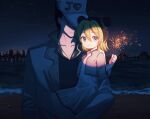  1boy 1girl black_hair blonde_hair braid braided_bun cityscape double_bun father_and_daughter fireworks grey_eyes hat holding_fireworks jojo_no_kimyou_na_bouken kujo_jolyne kujo_jotaro long_sleeves multicolored_hair night night_sky outdoors sky sparkler star_(sky) two-tone_hair white_headwear younger zhi_(yammycheese) 