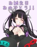  3girls black_hair blunt_bangs blush closed_eyes commentary_request cuore_0624 demon_girl demon_horns grin highres horns kojo_anna kojo_anna_(1st_costume) long_hair medium_bangs multicolored_hair multiple_girls nanashi_inc. pointy_ears purple_background purple_hair ryugasaki_rene ryugasaki_rene_(1st_costume) shishio_chris shishio_chris_(1st_costume) simple_background smile solo_focus translation_request twintails two-tone_hair virtual_youtuber 