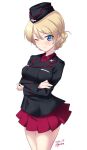  1girl ;) alternate_costume bangs black_headwear black_jacket blonde_hair blue_eyes braid closed_mouth cowboy_shot crossed_arms darjeeling_(girls_und_panzer) dated dress_shirt garrison_cap girls_und_panzer hat highres insignia jacket kuromorimine_military_uniform kuzuryuu_kennosuke light_blush long_sleeves looking_at_viewer military military_hat military_uniform miniskirt one_eye_closed pleated_skirt red_shirt red_skirt shirt short_hair simple_background skirt smile solo standing tied_hair twin_braids twitter_username uniform white_background wing_collar 