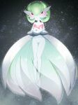  1girl absurdres black_background blush bob_cut closed_mouth colored_skin commentary_request flat_chest floating full_body gardevoir glowing green_hair green_skin groin hair_between_eyes hands_up happy highres legs legs_together looking_at_viewer mega_gardevoir mega_pokemon mega_stone multicolored_skin own_hands_together pokemon pokemon_(creature) red_eyes short_hair smile solo sparkle split_mouth tahita thighs transformation two-tone_skin white_skin 