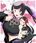  3girls black_hair black_jacket black_shirt blue_eyes blue_hair blunt_bangs blush breasts chibi closed_mouth commentary_request crop_top demon_girl demon_horns fang fang_out heart heart_print horns jacket jewelry kino5kinoko kojo_anna kojo_anna_(1st_costume) large_breasts long_hair long_sleeves looking_at_viewer multicolored_hair multiple_girls nanashi_inc. navel off_shoulder open_clothes open_jacket open_mouth pink_background pointy_ears print_shirt purple_hair red_eyes red_hair ring russian_text ryugasaki_rene ryugasaki_rene_(1st_costume) see-through see-through_shirt shirt shishio_chris shishio_chris_(1st_costume) short_hair sleeveless sleeveless_shirt smile twintails two-tone_hair upper_body v v_over_eye virtual_youtuber yellow_eyes 
