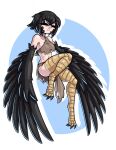  1girl bangs bare_shoulders bird_legs black_feathers black_hair black_wings blue_background breasts closed_eyes dark_souls_(series) dark_souls_iii eyebrows_visible_through_hair facial_mark harpy highres limebreaker midriff monster_girl navel pickle_pee_pump-a-rum_crow rags shirt short_hair single-shoulder_shirt small_breasts smile talons two-tone_background underboob white_background winged_arms wings 