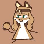 anthro averi_(fiddleafox) brown_body brown_fur canid canine female female_anthro food fox fur green_eyes hair holding_object looking_at_object low_res mammal markings simple_background solo standing stick_figure unknown_artist white_body white_fur