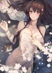  1girl animal blurry blurry_foreground blush branch breasts brown_eyes brown_hair cherry_blossoms commentary_request covering_privates flower from_above hair_between_eyes hair_flower hair_ornament hair_spread_out highres kantai_collection kasumi_(skchkko) large_breasts long_hair looking_at_viewer lying nude_cover on_back onsen outdoors parted_lips partially_submerged ponytail solo wet white_towel yamato_(kancolle) 