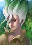 1boy absurdres artist_name blurry blurry_background day dr._stone facial_mark gradient_hair green_hair highres ishigami_senkuu long_hair looking_at_viewer male_focus multicolored_hair outdoors procsan red_eyes smile spiked_hair two-tone_hair upper_body 