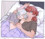  2girls black_shirt blue_eyes closed_eyes commentary_request gundam gundam_suisei_no_majo indoors long_hair miorine_rembran multiple_girls on_bed pajamas parted_lips pillow purple_shirt red_hair shirt short_sleeves sleeping sleeping_on_person suletta_mercury sweatdrop torigara_cha under_covers white_hair yuri 