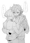  absurdres ahoge blush greyscale gundam gundam_suisei_no_majo hand_on_another&#039;s_back hand_on_another&#039;s_shoulder highres holding_hands hug jacket jewelry joker_(jjjokerrr233) long_sleeves miorine_rembran monochrome pants parted_lips ring scar scar_on_face short_hair smile speech_bubble suletta_mercury thick_eyebrows translation_request wedding_ring wife_and_wife yuri 
