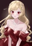  1girl absurdres alternate_costume alternate_hairstyle blonde_hair breasts brown_dress citrinne_(fire_emblem) dress earrings fire_emblem fire_emblem_engage highres jewelry looking_at_viewer medium_breasts necklace red_eyes sakuramotikun solo upper_body 