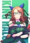  1girl absurdres animal_ears bare_shoulders black_gloves brown_hair buttons character_name dress ear_covers glasses gloves green-framed_eyewear green_dress green_theme highres holding horse_ears horse_girl horse_tail king_halo_(umamusume) satopongraffiti solo tail umamusume upper_body v-shaped_eyebrows 