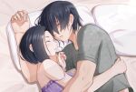  1boy 1girl absurdres babydoll bare_shoulders bed_sheet black_hair boku_no_kokoro_no_yabai_yatsu camisole closed_mouth green_shirt head_on_arm highres hug husband_and_wife mature_female mature_male muscular muscular_male parted_lips pillow profile purple_camisole sacra_(sacrabokuyaba) shirt short_hair sleeping strap_slip upper_body yamada_sanae_(bokuyaba) yamada_yuuki_(bokuyaba) 