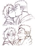  2boys akashi_(live_a_hero) bara blush couple cropped_torso facial_hair fujishima_kazuya goatee greyscale grin happy highres kiss live_a_hero long_sideburns male_focus male_protagonist_(live_a_hero) monochrome multiple_boys profile scar scar_on_face scar_on_nose short_hair sideburns sketch smile thick_eyebrows yaoi 