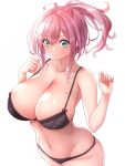  1girl ahoge bangs black_bra black_panties blush bra breasts cleavage collarbone commentary english_commentary green_eyes hands_up highres huge_breasts kay_yu long_hair looking_at_viewer mole mole_on_breast navel original panties pink-haired_girl_(kay_yu) pink_hair ponytail sidelocks simple_background smile solo underwear underwear_only white_background 